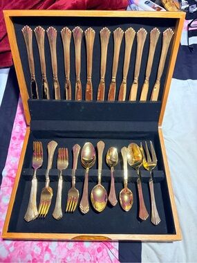Vintage 59 Piece GoldTone Flatware Cutlery Set - Stainless Steel & Wood Case 10+